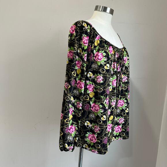 Betsey Johnson Floral Chain Print Blouson Top XL Pink Roses Boho Glam - Picture 3 of 10